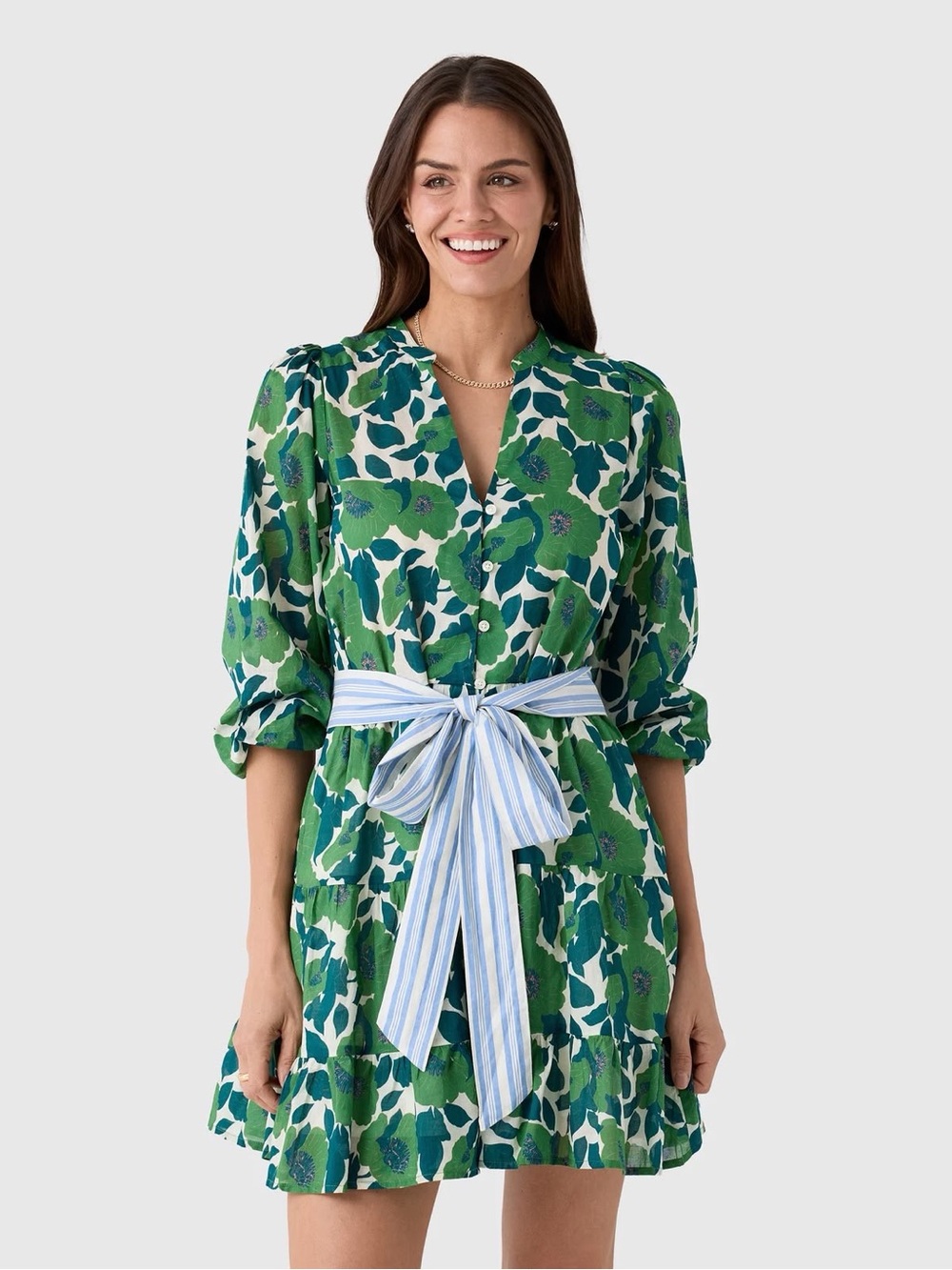 Green Floral Mini Dress with Striped Tie Belt